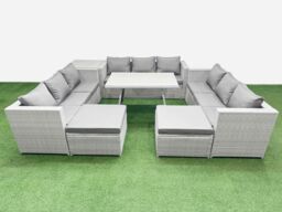 Fimous 11 Seat Patio PE Rattan Garden Furniture with Side Table 2 Big Stools in Light Grey - thumbnail 2