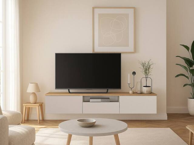 Vente-unique Floating TV Unit With 3 Doors & 1 Niche - Beige & Natural - LOTULA - image 1