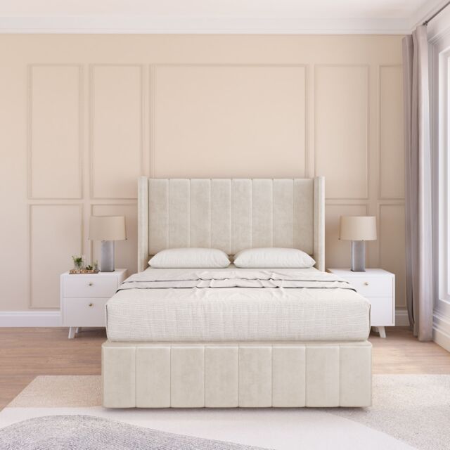 "Sloomy Melbourne Plush Wingback Bed Set, No Drawers & 54"" Floor Standing Headboard in Cream - Size: Double" - image 1