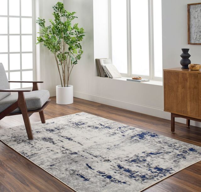 Livabliss Pisa-Abstract Black Grey Off-White Modern Marble Living Dining Bedroom Rug in Dark Blue - Size: 150 cm x 210 cm - image 1