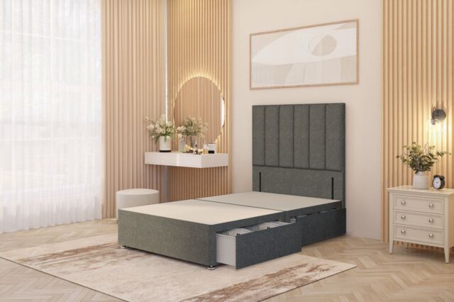 "Somnior Austin 2 Drawer Divan Bed Base & 54"" Floor Standing Headboard Linen in Mid Grey - Size: Single" - image 1