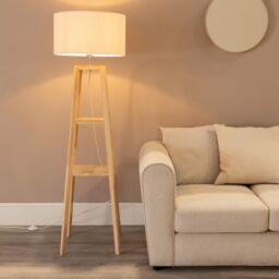 ValueLights Wakefield Two Shelf Wooden Floor Lamp with Linen White Trim Drum Shade & Bulb in Natural