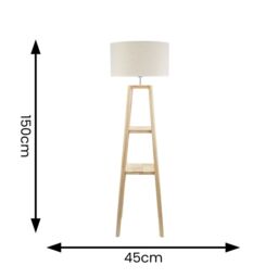 ValueLights Wakefield Two Shelf Wooden Floor Lamp with Linen White Trim Drum Shade & Bulb in Natural - thumbnail 7