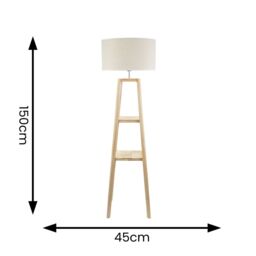 ValueLights Wakefield Two Shelf Wooden Floor Lamp with Linen White Trim Drum Shade & Bulb in Natural - thumbnail 4