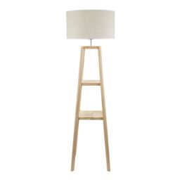 ValueLights Wakefield Two Shelf Wooden Floor Lamp with Linen White Trim Drum Shade & Bulb in Natural - thumbnail 2