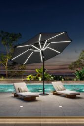 Garden Sanctuary Solar Powered LED Garden Parasol Patio Umbrella with Floral-Pattern Base in Dark Grey - thumbnail 1