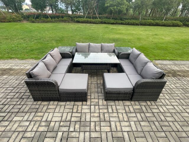 Fimous Wicker PE Rattan Sofa Outdoor Garden Furniture Set with Rectangular Dining Table 2 Big Footstool 2 Side Tables Dark Grey Mixed - image 1
