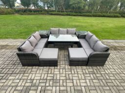 Fimous Wicker PE Rattan Sofa Outdoor Garden Furniture Set with Rectangular Dining Table 2 Big Footstool 2 Side Tables Dark Grey Mixed - thumbnail 1