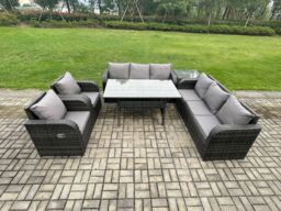 Fimous 6 Piece Rattan Garden Furniture Set with Patio Sofa Rectangular Dining Tablel Side Table Indoor Conservatory Patio Set in Dark Grey - thumbnail 1
