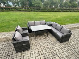 Fimous 6 Piece Rattan Garden Furniture Set with Patio Sofa Rectangular Dining Tablel Side Table Indoor Conservatory Patio Set in Dark Grey - thumbnail 2