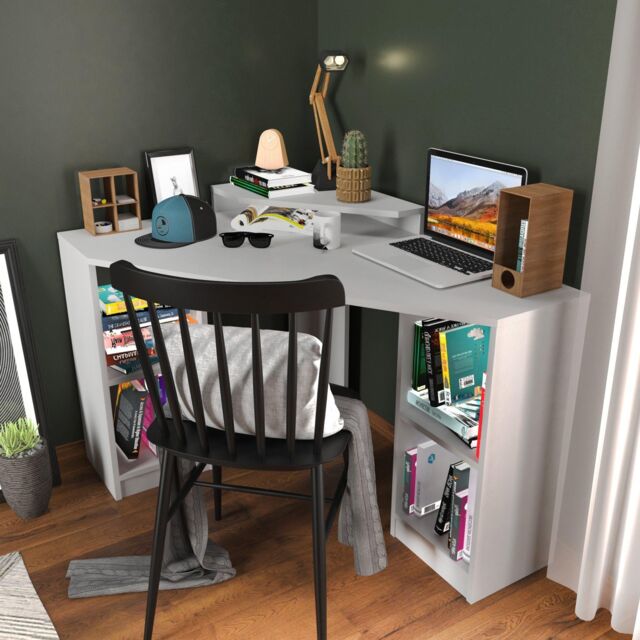 Floating Corner Computer and Writing Desk with Shelves