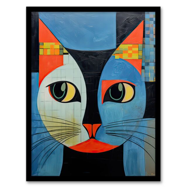 Artery8 Wall Art Print Pawsitive Vibes Only Blue Orange Abstract Cat Framed Art Picture - Size: A4 - image 1