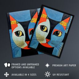 Artery8 Wall Art Print Pawsitive Vibes Only Blue Orange Abstract Cat Framed Art Picture - Size: A4 - thumbnail 2