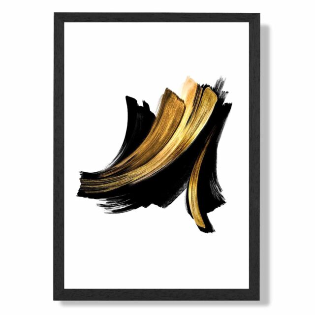 ARTZE Abstract Black & Gold Paint Strokes Framed Print SIZE: A3 with Black Frame - Size: A4 - image 1