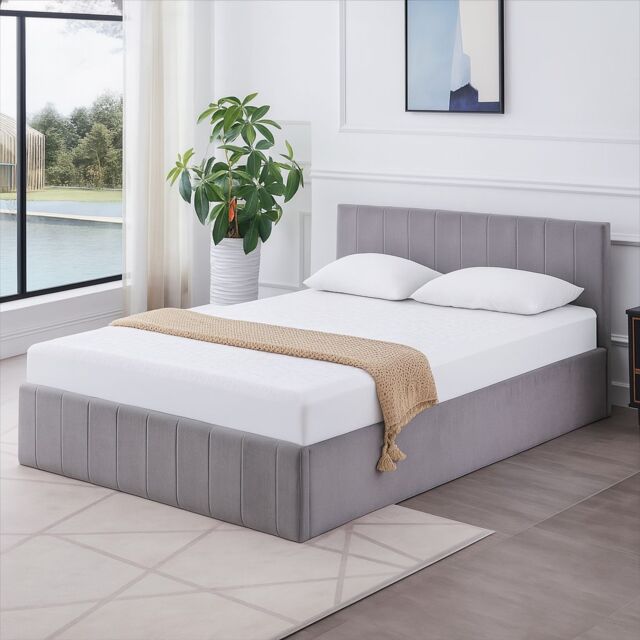 KOSY KOALA Ottoman Bed Gas Lift Storage Grey 4ft6 Double with 1 Mattress Line Pattern Velvet Bedroom - image 1