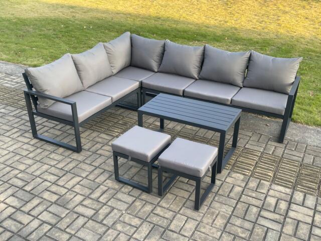 Aluminium Garden Furniture Set Outdoor Indoor Lounge Corner Sofa Oblong Coffee Table Sets with 2 Small Footstools Dark Grey - image 1