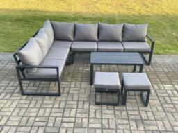 Aluminium Garden Furniture Set Outdoor Indoor Lounge Corner Sofa Oblong Coffee Table Sets with 2 Small Footstools Dark Grey - thumbnail 3