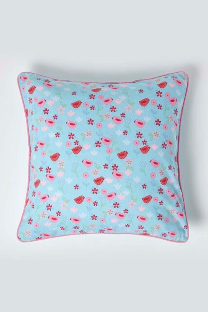 Homescapes Cotton Birds & Flower Cushion Cover in Blue - Size: 45 cm x 45 cm - image 1