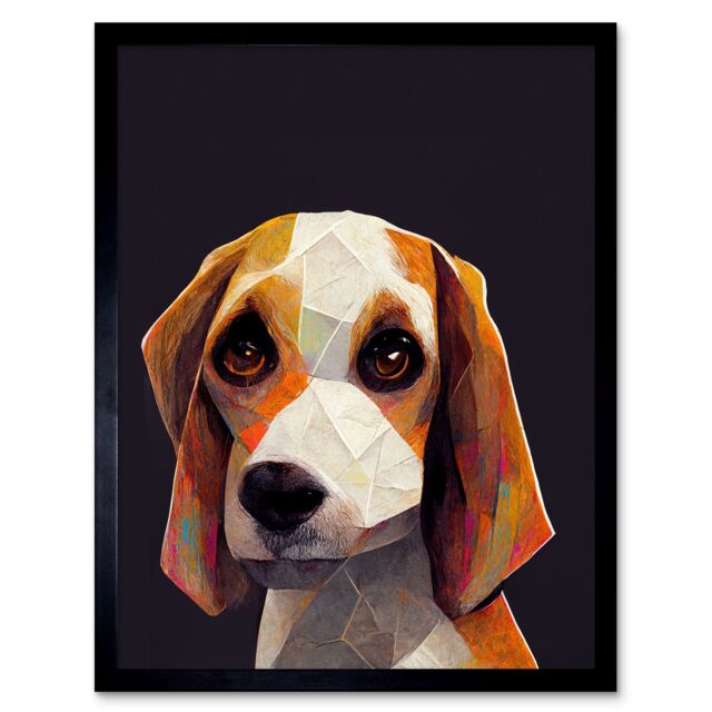 "Artery8 Wall Art Print Geometric Beagle Dog On Black Art Framed - Size: W12"" x H16""" - image 1