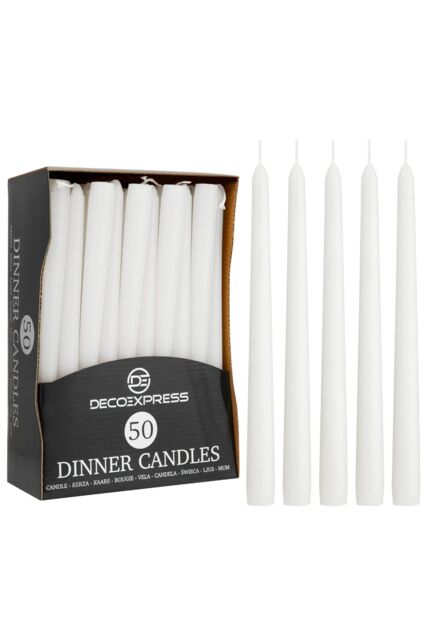 Deco Express Candles Set Classic Dripless Tapered Metallic Unscented 8 Hours Décor in White - Size: 50 Pieces - image 1