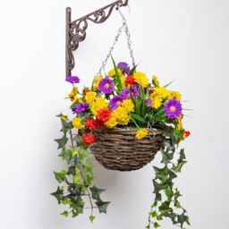 Primrose Pair of Artificial Wildflower Flowers Rattan Hanging Basket Decoration Purple Yellow & Orange 25cm in Green - thumbnail 6