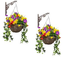 Primrose Pair of Artificial Wildflower Flowers Rattan Hanging Basket Decoration Purple Yellow & Orange 25cm in Green