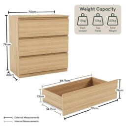 FORGEVIO Pine Modern 3 Drawer Bedside Chest Bedroom in Natural - Size: 0.6m2 - thumbnail 2