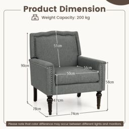 Costway Modern Armchair Linen Fabric Upholstered Single Sofa Side Chair with Nailhead Trim in Grey - thumbnail 2