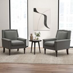 Costway Modern Armchair Linen Fabric Upholstered Single Sofa Side Chair with Nailhead Trim in Grey - thumbnail 3