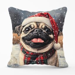Warren Reed - Designer Christmas Pug Cushion in Brown - Size: 60 cm x 60 cm - thumbnail 1