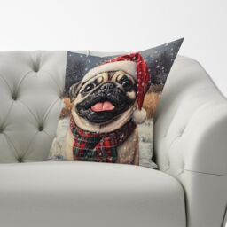 Warren Reed - Designer Christmas Pug Cushion in Brown - Size: 60 cm x 60 cm - thumbnail 3