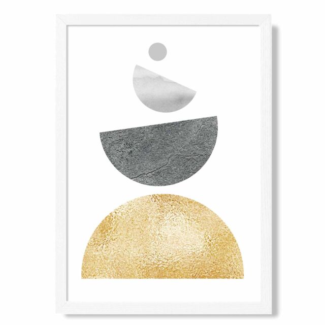 ARTZE Grey & Yellow Semi Circles Mid Century Geometric Framed Print SIZE: A2 with White Frame - Size: A4 - image 1
