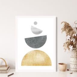 ARTZE Grey & Yellow Semi Circles Mid Century Geometric Framed Print SIZE: A2 with White Frame - Size: A4 - thumbnail 2