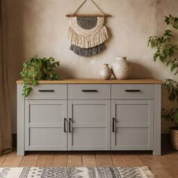Wyld Haus Bramblecroft Grey & Natural Oak Wide Sideboard 3 Doors 3 Drawers - thumbnail 1