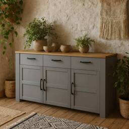 Wyld Haus Bramblecroft Grey & Natural Oak Wide Sideboard 3 Doors 3 Drawers - thumbnail 2