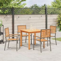 Berkfield Home 5 Piece Garden Dining Set Grey Poly Rattan Acacia - thumbnail 4