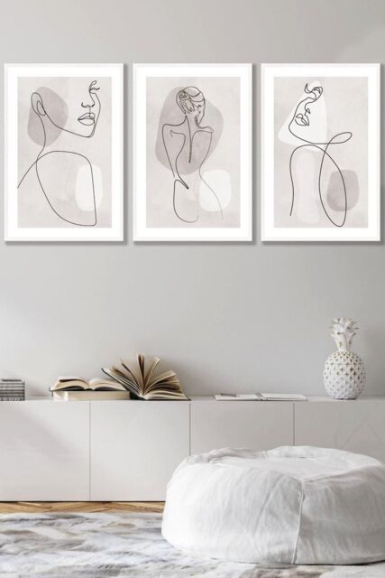 ARTZE Set of 3 Framed Beige & Grey Female Line Art Prints 45cm(W) x 62cm(H) in White - Size: 45 cm(W) x 62 cm(H) - image 1