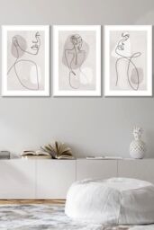 ARTZE Set of 3 Framed Beige & Grey Female Line Art Prints 45cm(W) x 62cm(H) in White - Size: 45 cm(W) x 62 cm(H) - thumbnail 1
