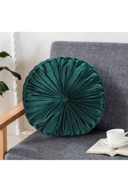 Living and Home Round Velvet Cushion Throw Pillow in Dark Green - image 1