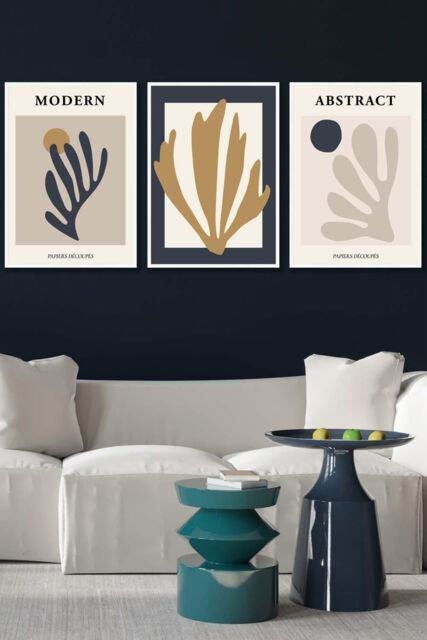 ARTZE Set of 3 White Framed Matisse Style Floral Cut Out Navy & Yellow Wall Art - Size: W33 cm x H45 cm x D20mm - image 1
