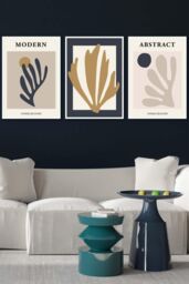 ARTZE Set of 3 White Framed Matisse Style Floral Cut Out Navy & Yellow Wall Art - Size: W33 cm x H45 cm x D20mm - thumbnail 1