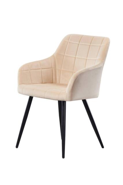 Life Interiors Single Camden Modern Velvet Dining Chair with Armrests, Quilted Design & Black Metal Legs in Cream - image 1