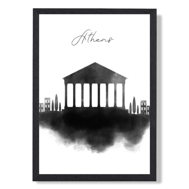 ARTZE Athens Watercolour Skyline City Framed Print SIZE: A3 with Black Frame - Size: A4 - image 1