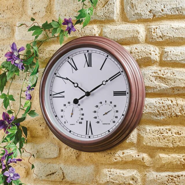 mysmartbuy Vintage Design Garden Clock - Battery Powered Waterproof Wall Clock with Hygrometer & Thermometer - 38cm Diameter in Brown - image 1