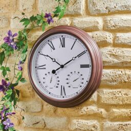 mysmartbuy Vintage Design Garden Clock - Battery Powered Waterproof Wall Clock with Hygrometer & Thermometer - 38cm Diameter in Brown