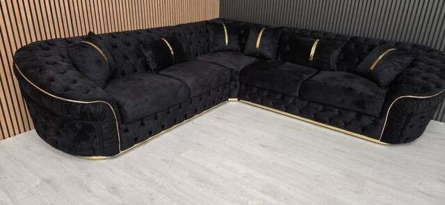 Celebrity Interiors Ambassador Corner Sofa Black Velvet With Gold Accents - image 1