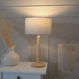 ValueLights Victoria Light Wood Traditional Stem Table Lamp with Fabric Drum Shade in Grey
