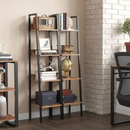 VASAGLE 4-Tier Ladder Bookcase Free Standing Storage Steel Frame Office in Brown - thumbnail 1