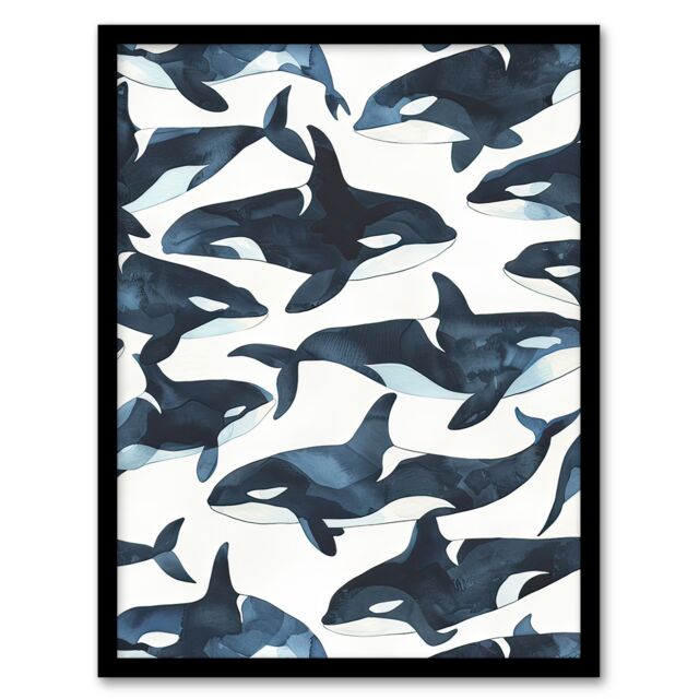 "Artery8 Orca Killer Whale Bright Watercolour Pattern Framed Wall Art in Black - Size: W12"" x H16""" - image 1