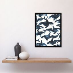 "Artery8 Orca Killer Whale Bright Watercolour Pattern Framed Wall Art in Black - Size: W12"" x H16""" - thumbnail 4